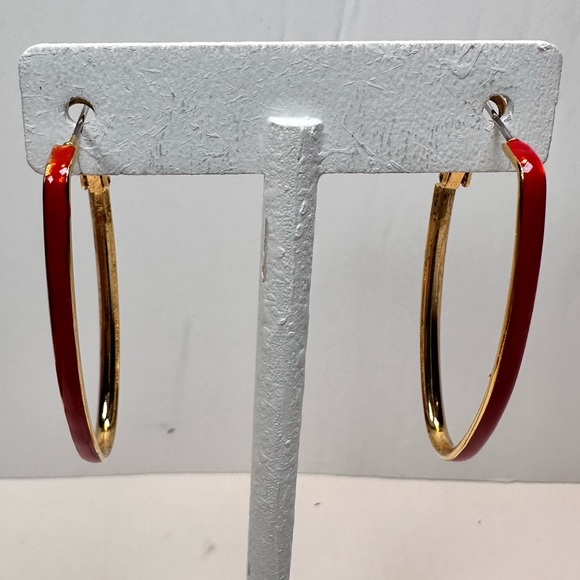 Gold tone with red enamel pierced dangle oval shape hoop earrings - Picture 1 of 7